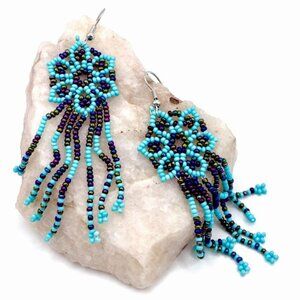 Turquoise & Iridescent Black Flower Tassel Hand Beaded Seed Bead Dangle Earrings